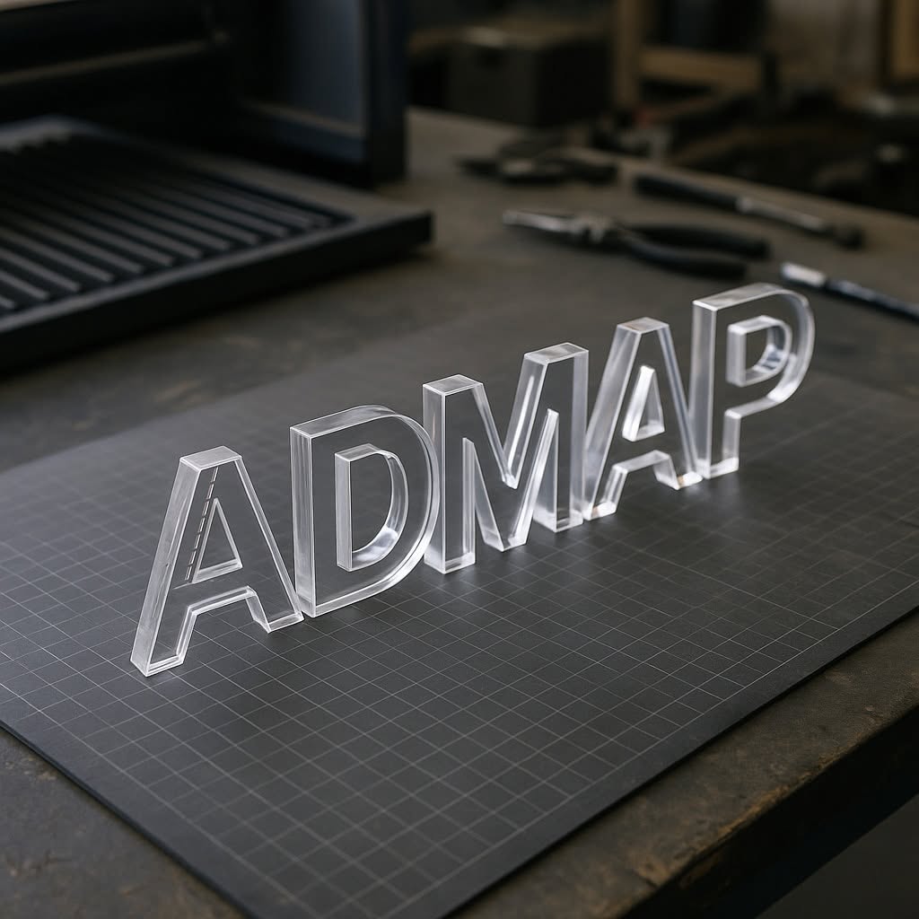Admap manufactures custom acrylic displays, signage, cut parts and laser engraved pieces